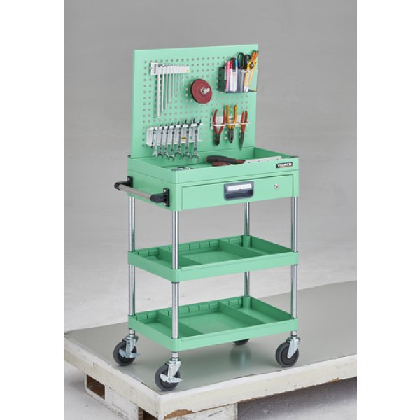 画像2: TRUSCO ツールワゴン フェニックスワゴン 省音 600Ｘ400 仕切２段付 引出付 上部パンチングパネル仕様 ヤンググリーン PEW-P963ZS2-YG [116-3440] (2)