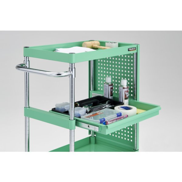 画像2: TRUSCO ツールワゴン フェニックスワゴン 抗菌 省音 750Ｘ500 スライド 1段 側面パネル付 ヤンググリーン PEW-A972M1PL-YG [183-2717] (2)