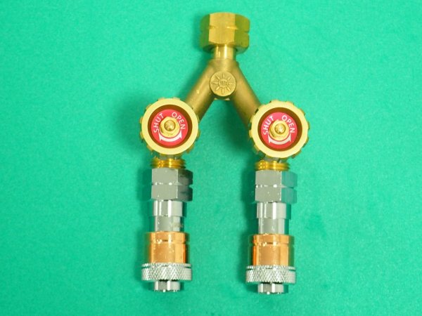 画像1: アセチレン調整器用分岐管 二又バルブ YB-2 出口ワンタッチ(アポロコック)仕様  (1)