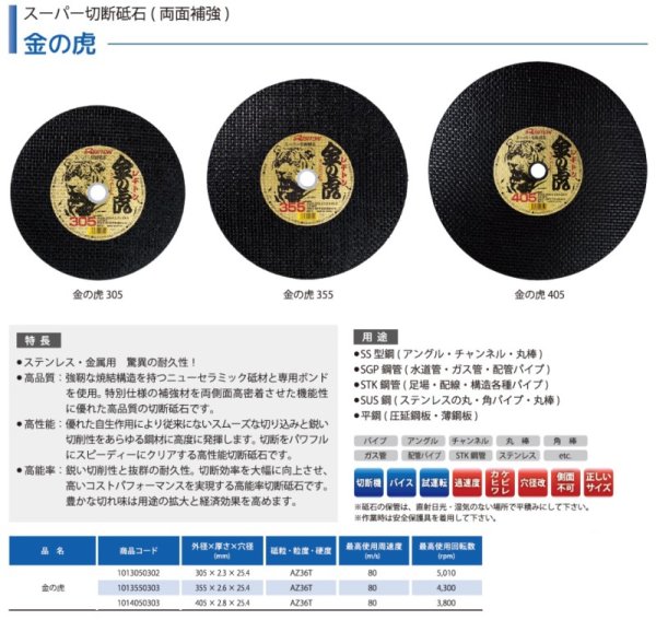画像5: 【砥粒:AZ・粒度:36・硬度:T】レヂトン レジトン スーパー切断砥石(両面補強) 金の虎 10枚/箱 1013550303【サイズ:355×2.6×25.4】 (5)