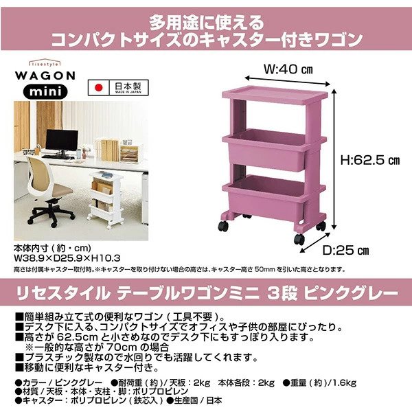 画像4: 【ピンクグレーホワイト/ミニサイズ】リセスタイル コンパクト ツールボックス 3段テーブルワゴン ツールストッカー 組み立て式 (4)